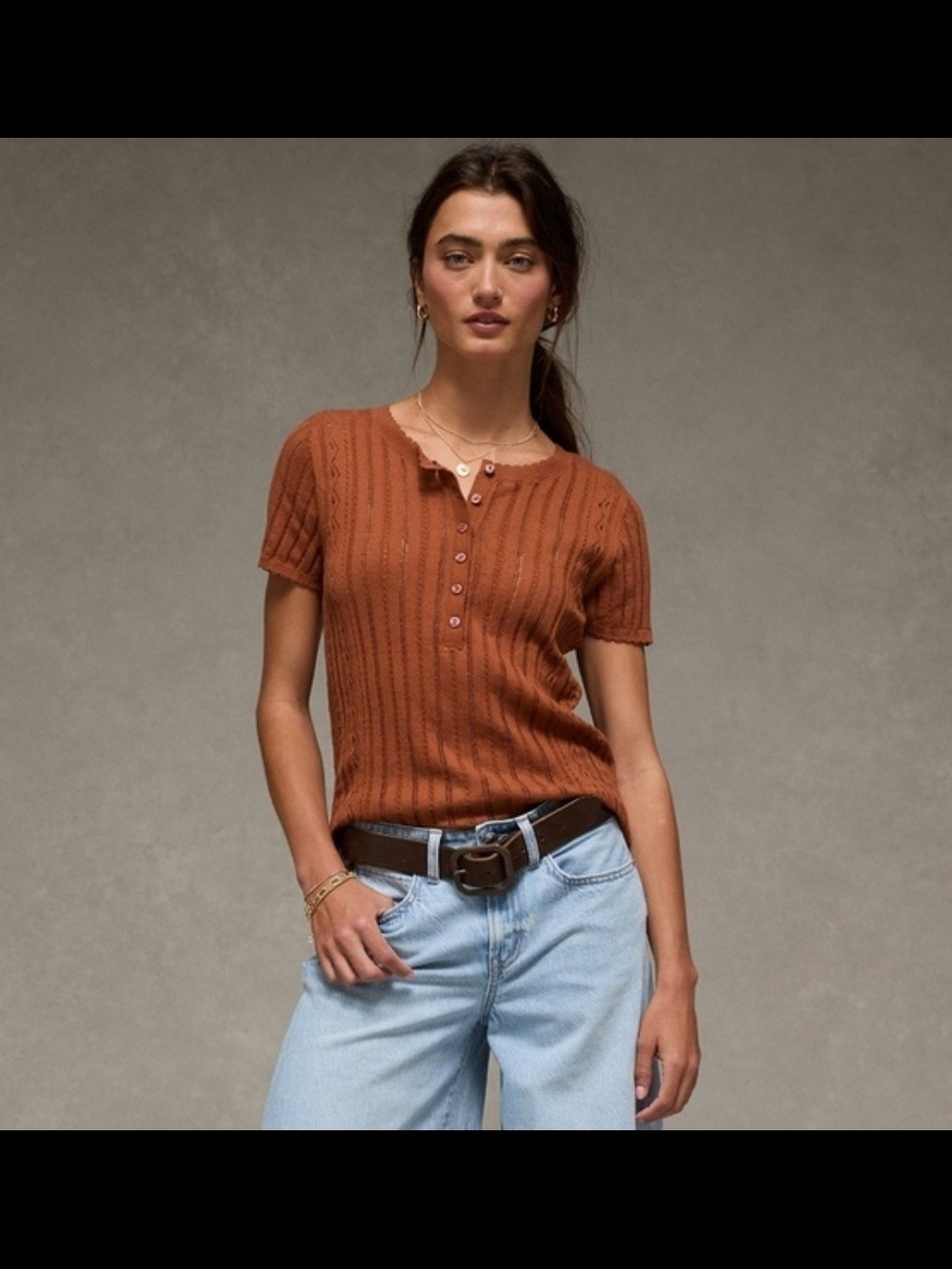 Ribbed Short-Sleeve Henley Top in Rust